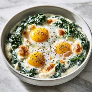 Baked Eggs in Ricotta Parmesan Creamed Spinach