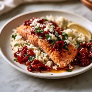 Mediterranean Baked Salmon with Sun-Dried Tomatoes and Crumbled Feta